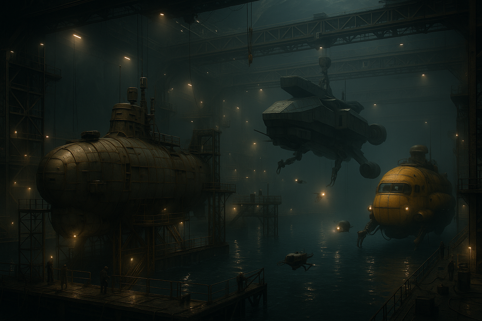 Sub pen carved into rock with docking gantries and floodlights